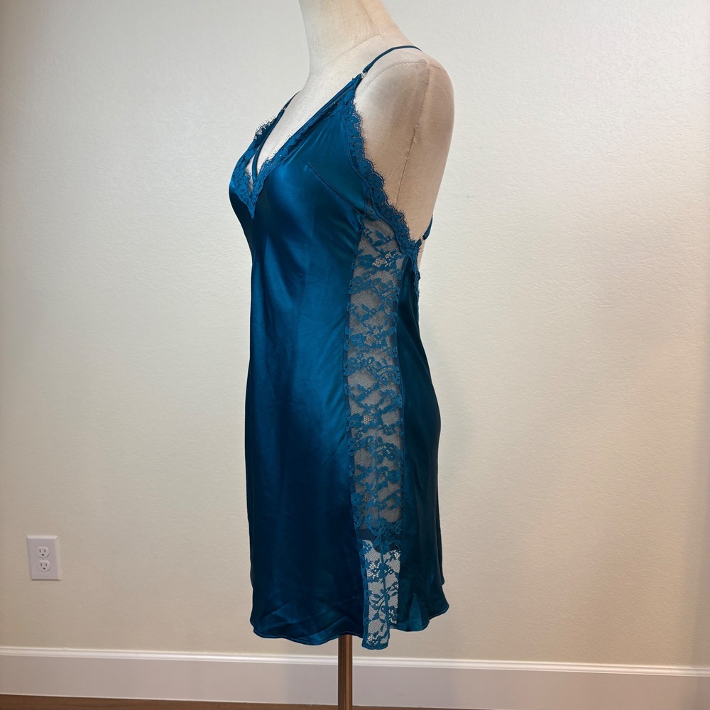 Victoria's Secret Slip Robe Set S Teal Blue Satin Lace Trim Romanitc Nightie - Picture 8 of 14